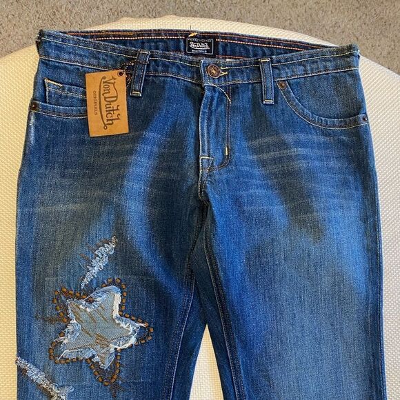 RARE NWT Von Dutch Star Patch Flare Jeans Y2K Deadstock Size 27 USA 34” Inseam - Picture 3 of 15